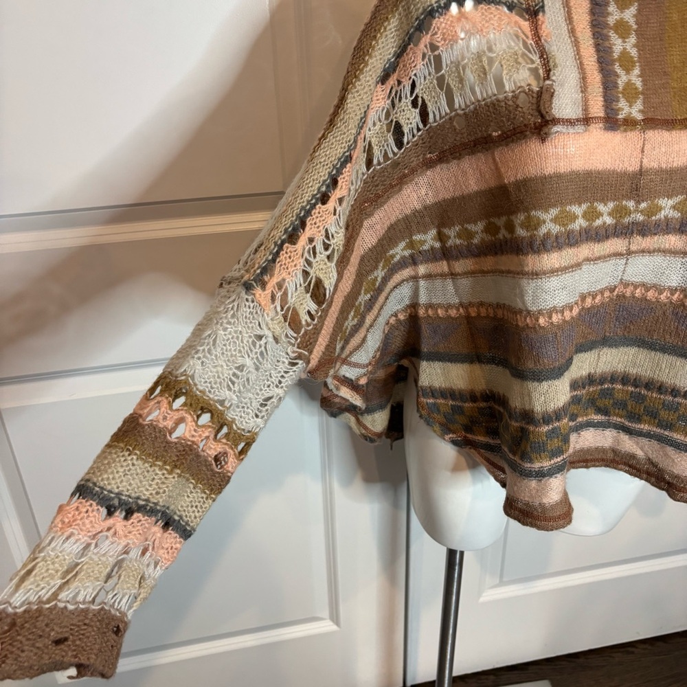 Free People December Skies Muted Pink Tan Gray Open Knit Poncho Sweater S - Picture 4 of 12